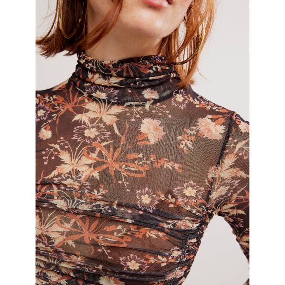 FREE PEOPLE Under It All Printed Mesh Bodysuit / Dark Black Combo - Picture 4 of 7